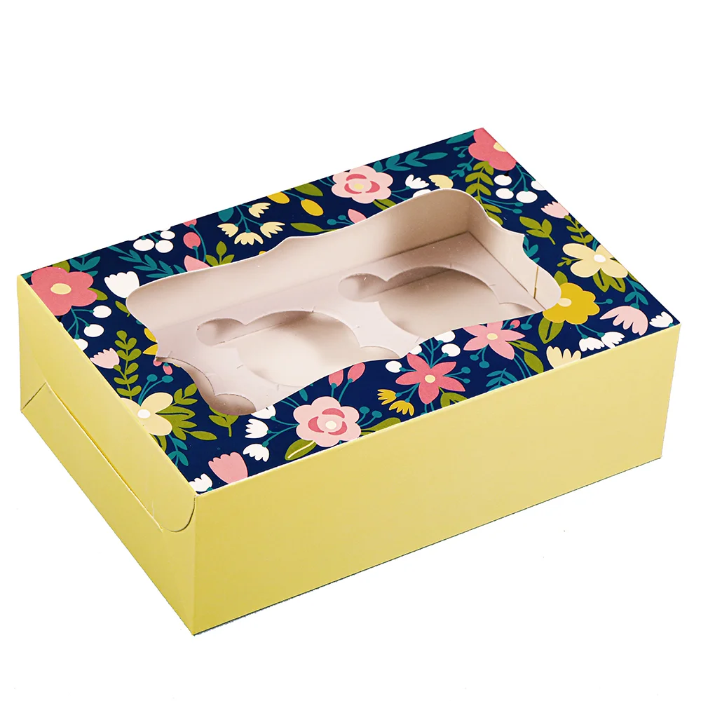 CUPCAKE BOX FOR 6 - YELLOW FLORAL (9.25x6.25x3) (Pack of 8) - Image 4