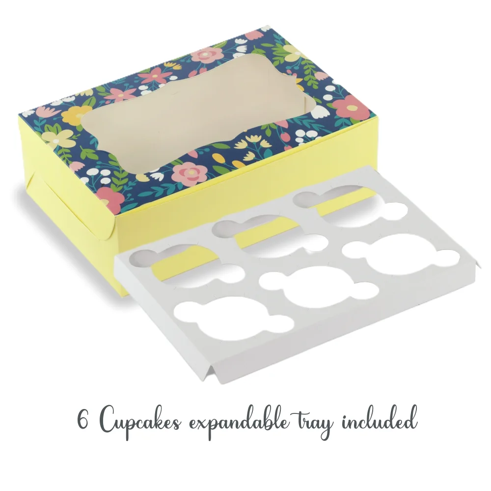 CUPCAKE BOX FOR 6 - YELLOW FLORAL (9.25x6.25x3) (Pack of 8) - Image 2