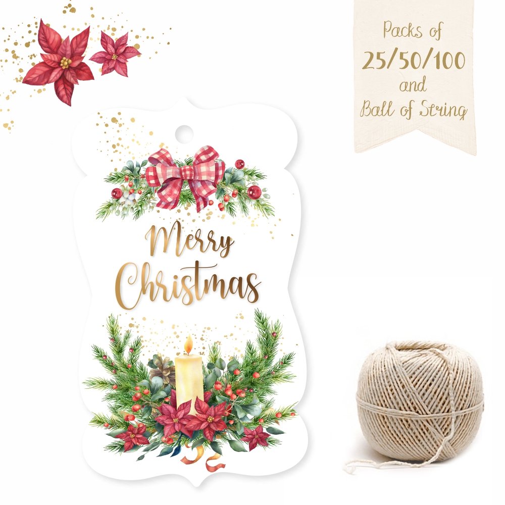 Merry Christmas - Candle and Ribbons - Gift Tags - Pack of 50