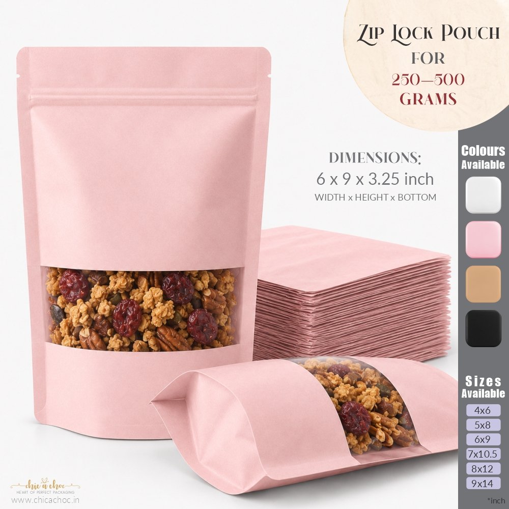 Zip Lock Pouch for 250-500 Grams - Pink - 6x9 inch (Pack of 20)