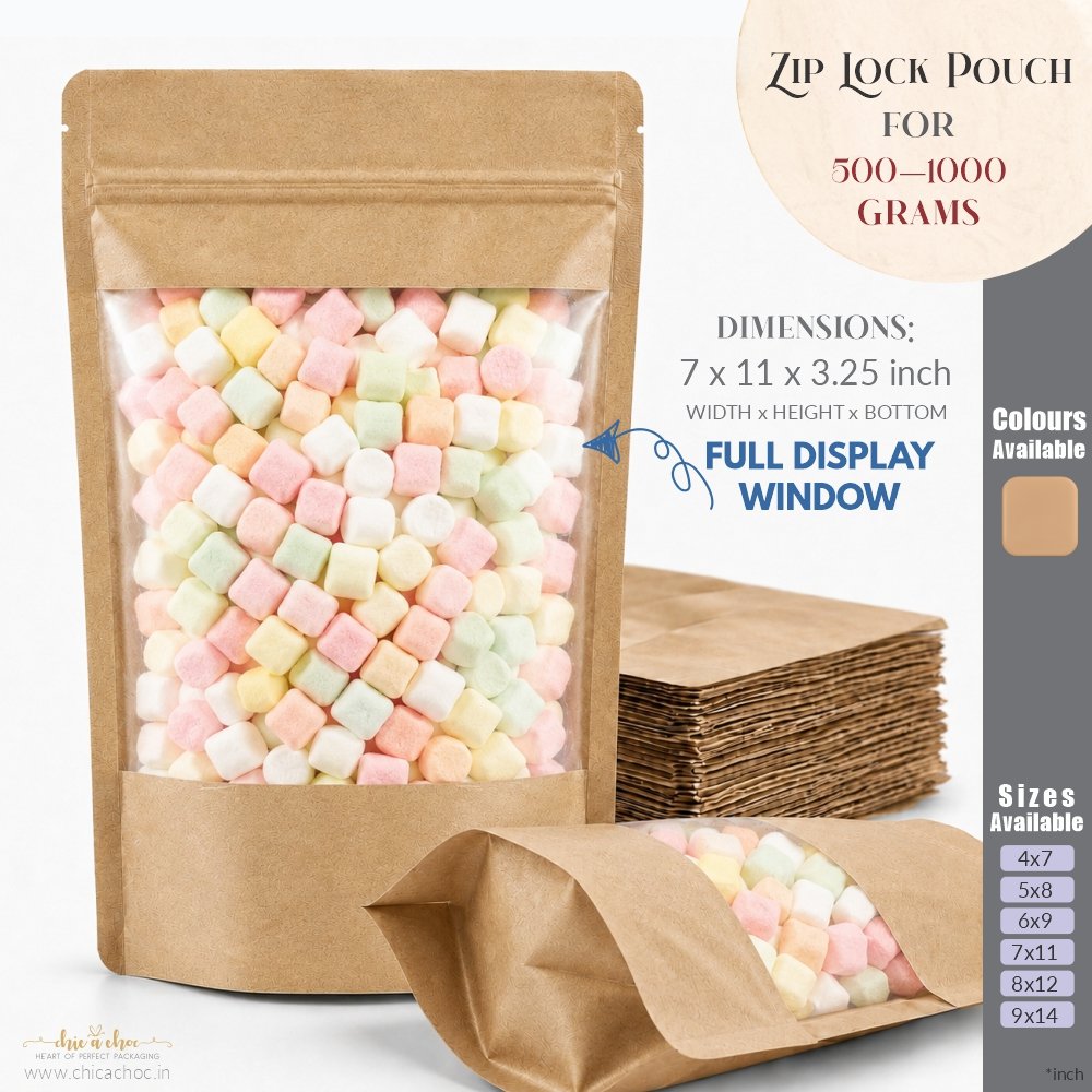 Zip Lock Pouch for 500-1000 Grams – Kraft – Full Window - 7×11 inch (Pack of 20)