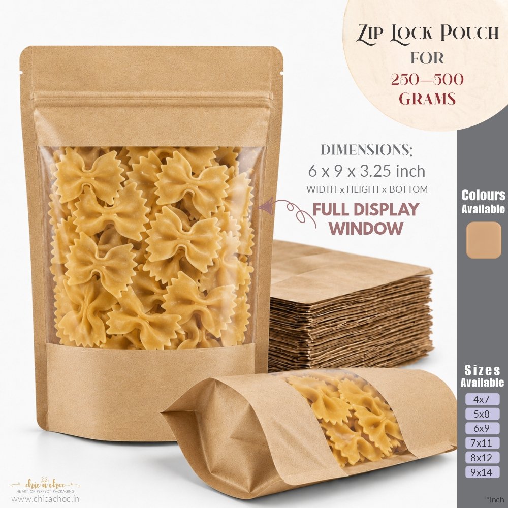Zip Lock Pouch for 250-500 Grams – Kraft – Full Window - 6×9 inch (Pack of 20)