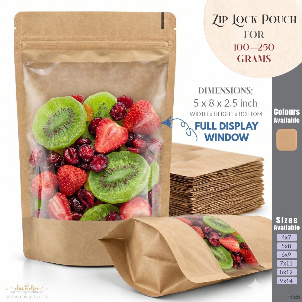 Zip Lock Pouch for 100-225 grams – Kraft – Full Window - 5×8 inch (Pack of 20)