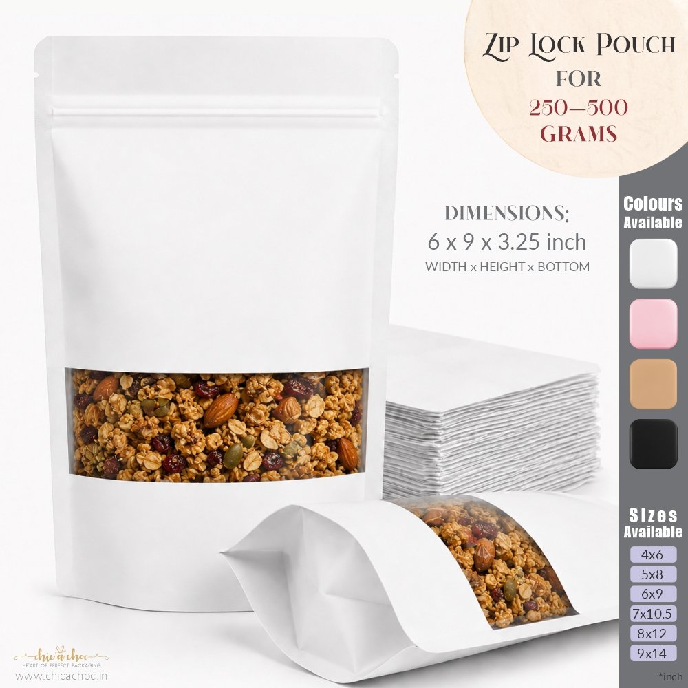 Zip Lock Pouch for 250-500 Grams - White - 6x9 inch (Pack of 20)