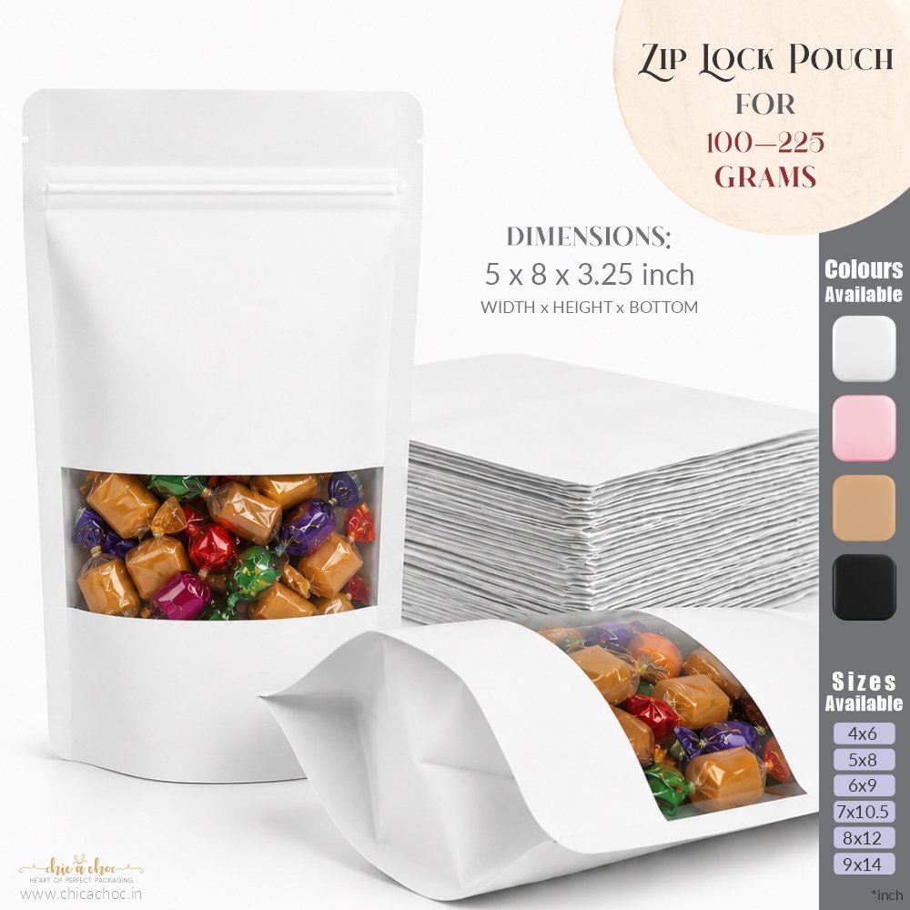 Zip Lock Pouch for 100-225 grams - White- 5x8 inch (Pack of 20)
