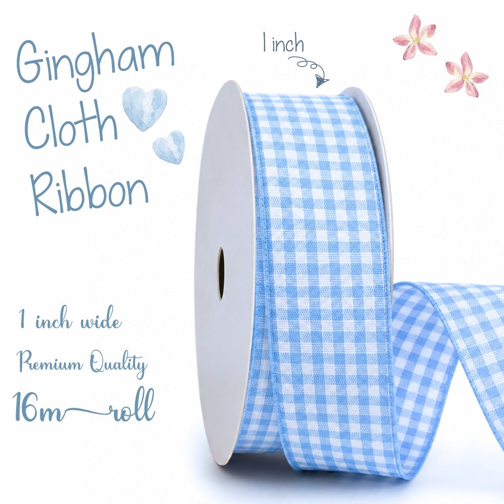 Blue Gingham Check Cloth Ribbon, 1 Inch, 16 metres