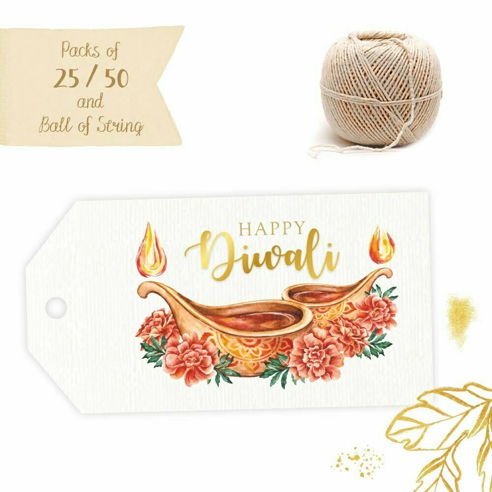 Happy Diwali - Diyas and Flowers in Watercolour - Pack of 75