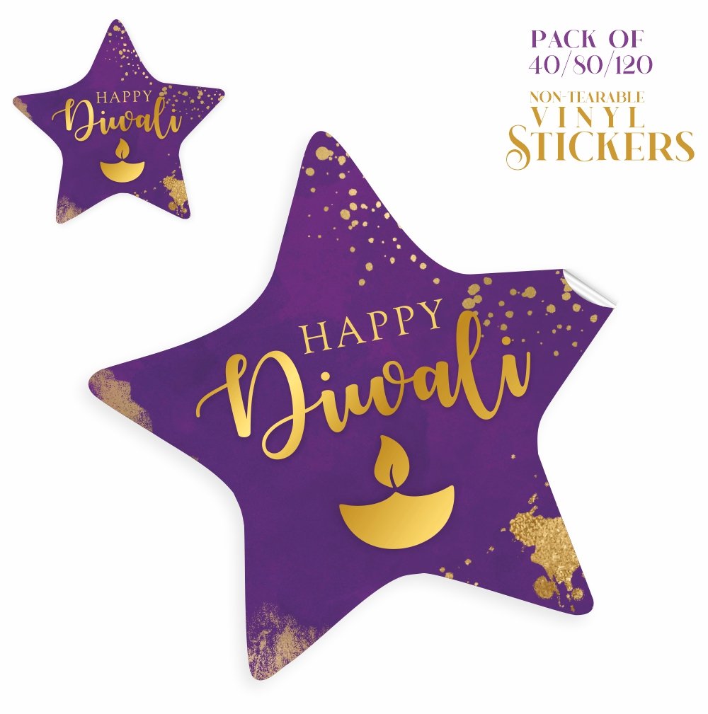 Happy Diwali Stickers - Violet Star Gold Dust - Vinyl Non Tearable - Pack of 40