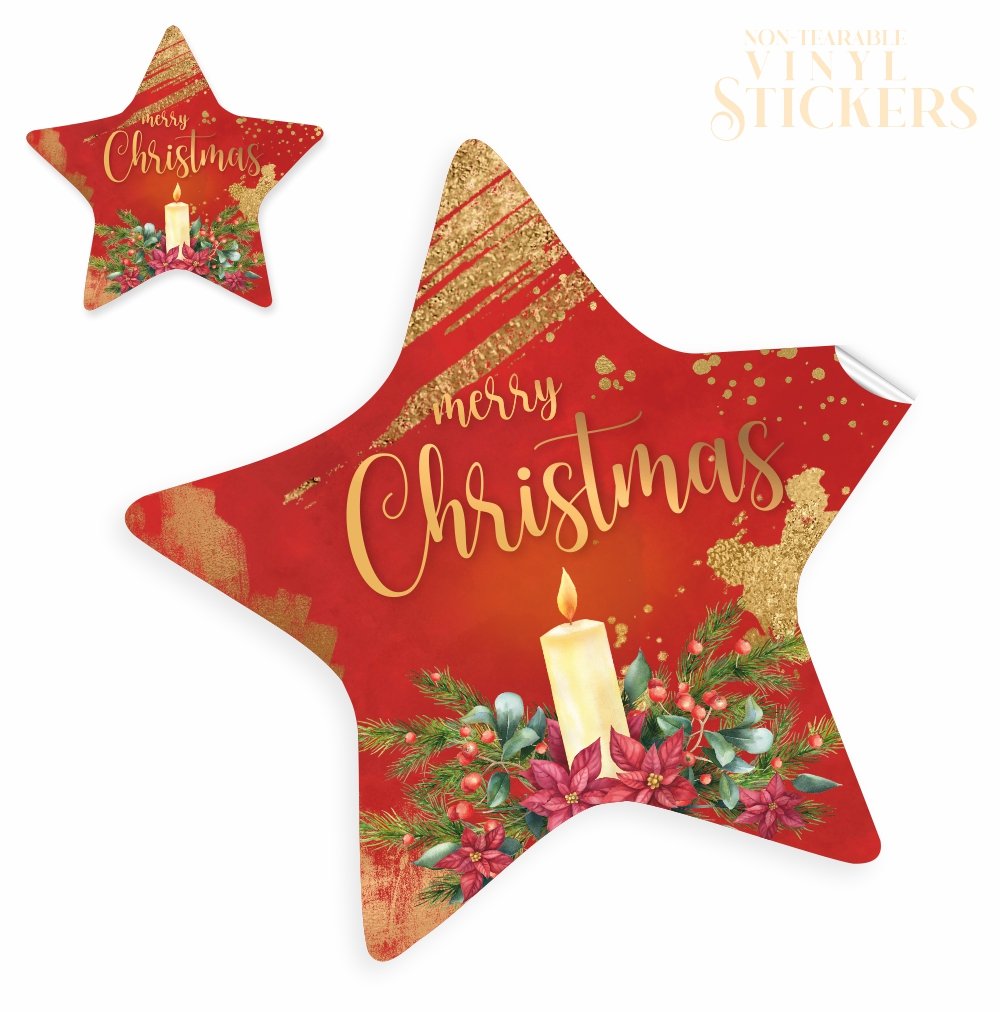 Merry Christmas Wreath - Red Star - Vinyl Non Tearable - Pack of 40 - Image 3