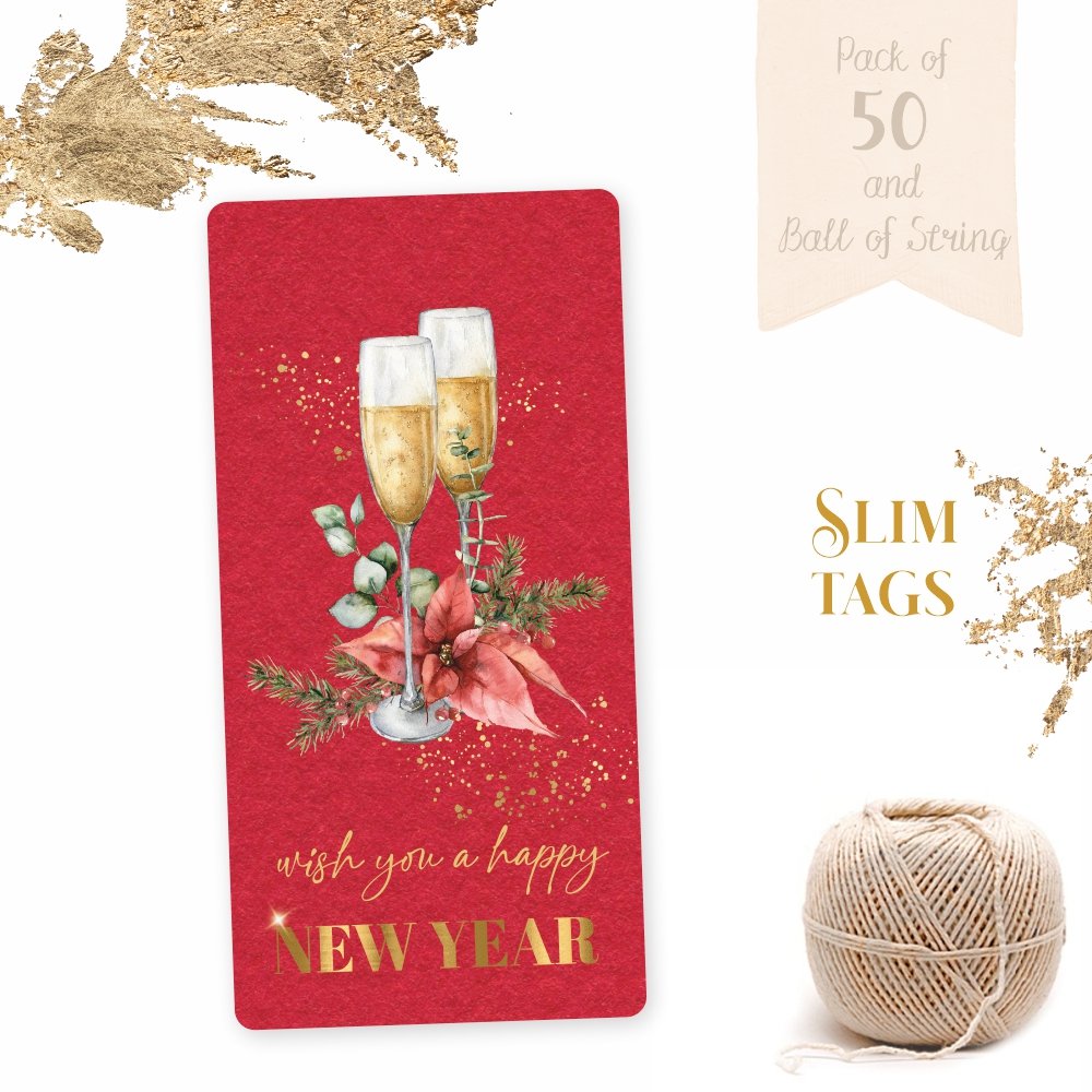 Happy New Year - Champagne Glasses (Red) - Gift Tags - Pack of 50
