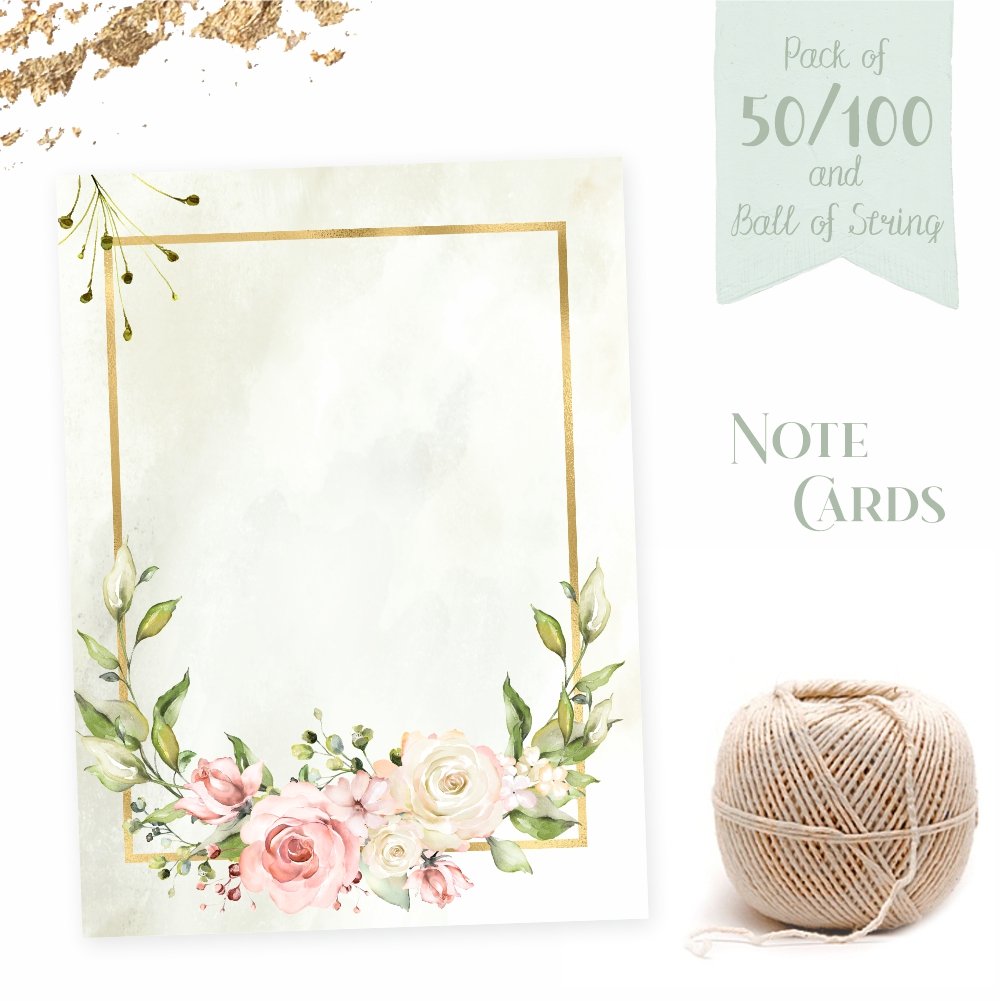 Note Cards - Green Floral - Pack of 50/100 Gift Tags with Jute String