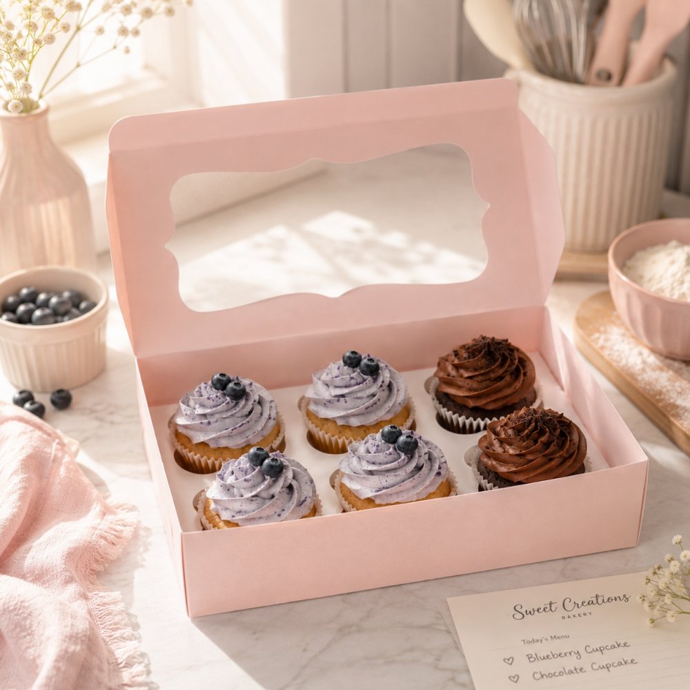 Cupcake Box for 6 - Pink (Pack of 8) 325 Gsm Box; 350 Gsm Tray