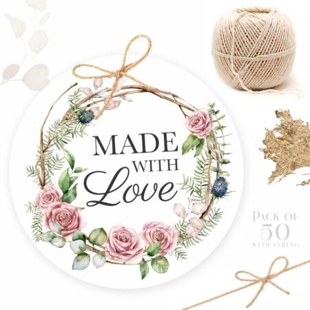 Made With Love – Round – Vintage Rose Wreath Gift Tags - Pack of 50