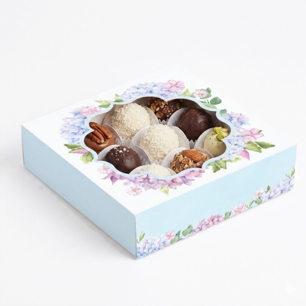 Chocolate / Truffles / Mithai BOX with 9 Casings - Blue Floral - Hydrangea Blast