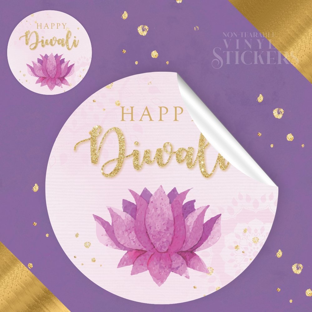 Happy Diwali Stickers – Pink Lotus – 2 Inch- Vinyl Non