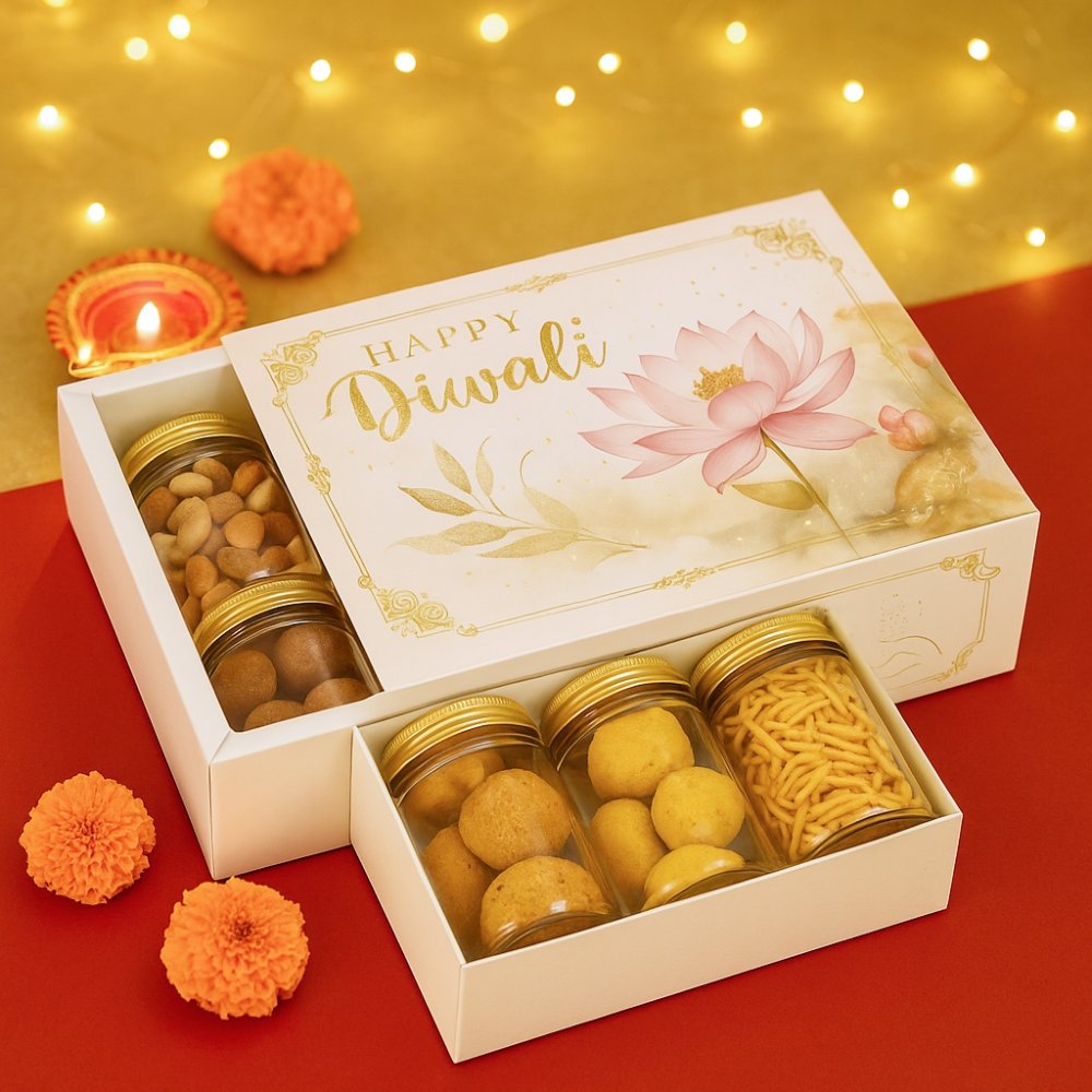 Diwali Gift Packaging Box - LARGE - Lotus Watercolor. (Pack of 5). Hamper Box / 4-6 Jars Box / Cake Box. - Image 6