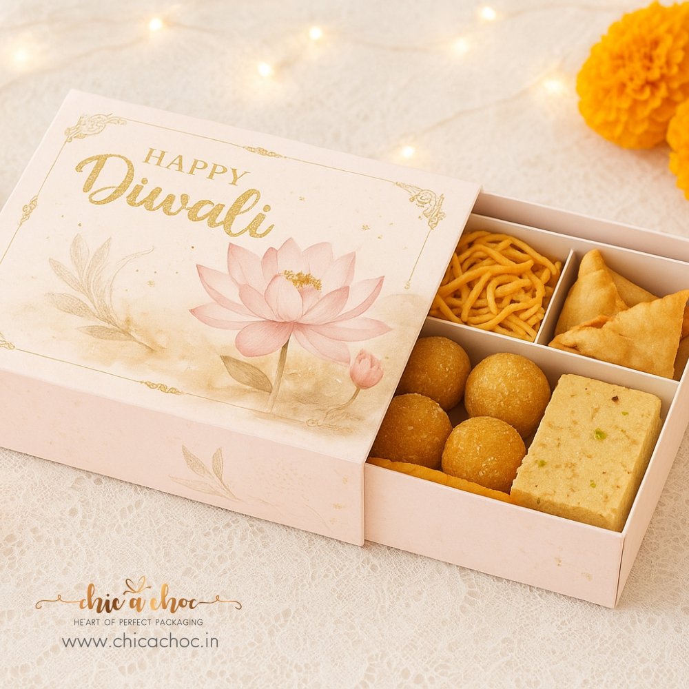 Diwali Gift Packaging Box - LARGE - Lotus Watercolor. (Pack of 5). Hamper Box / 4-6 Jars Box / Cake Box. - Image 7