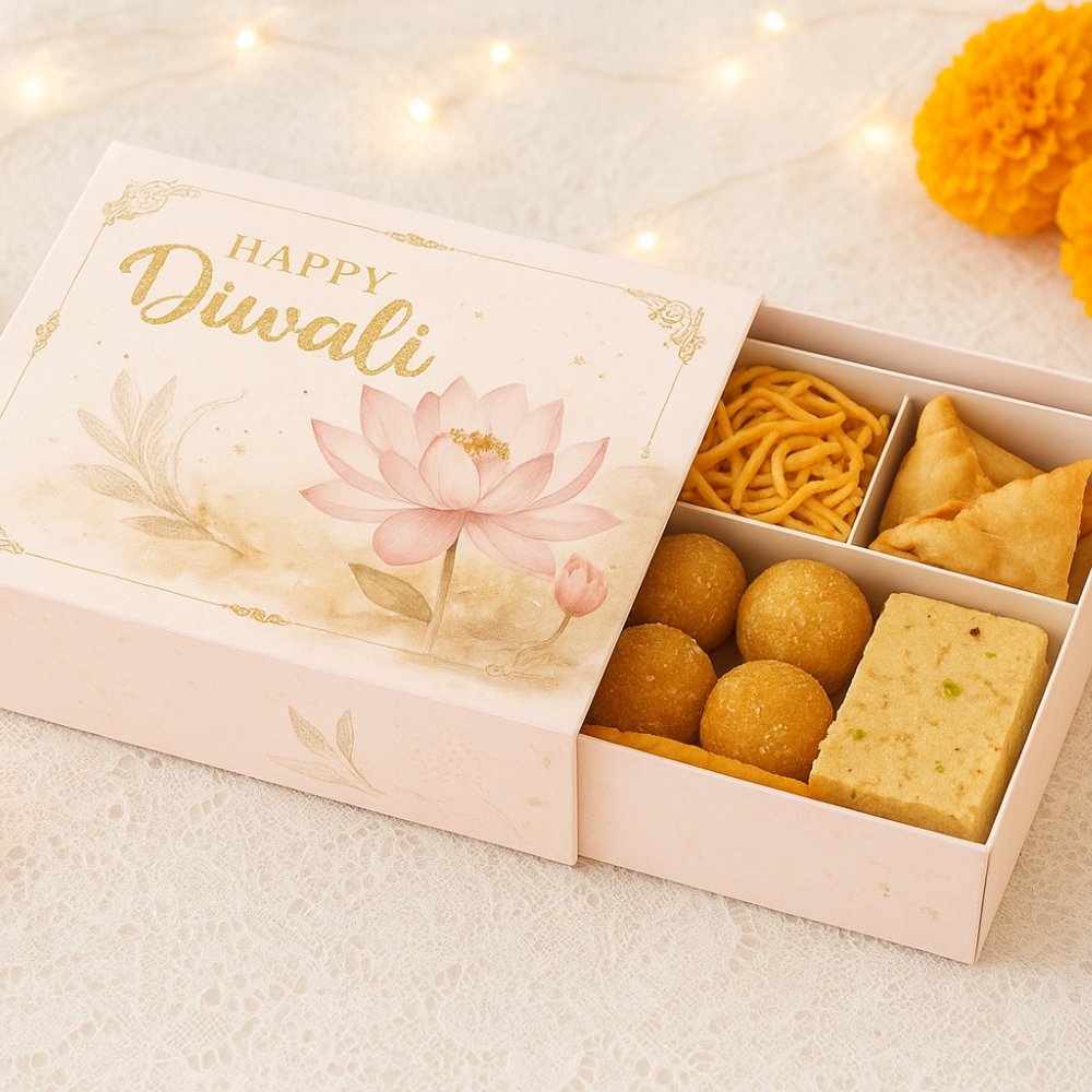Diwali Gift Packaging Box - LARGE - Lotus Watercolor. (Pack of 5). Hamper Box / 4-6 Jars Box / Cake Box.