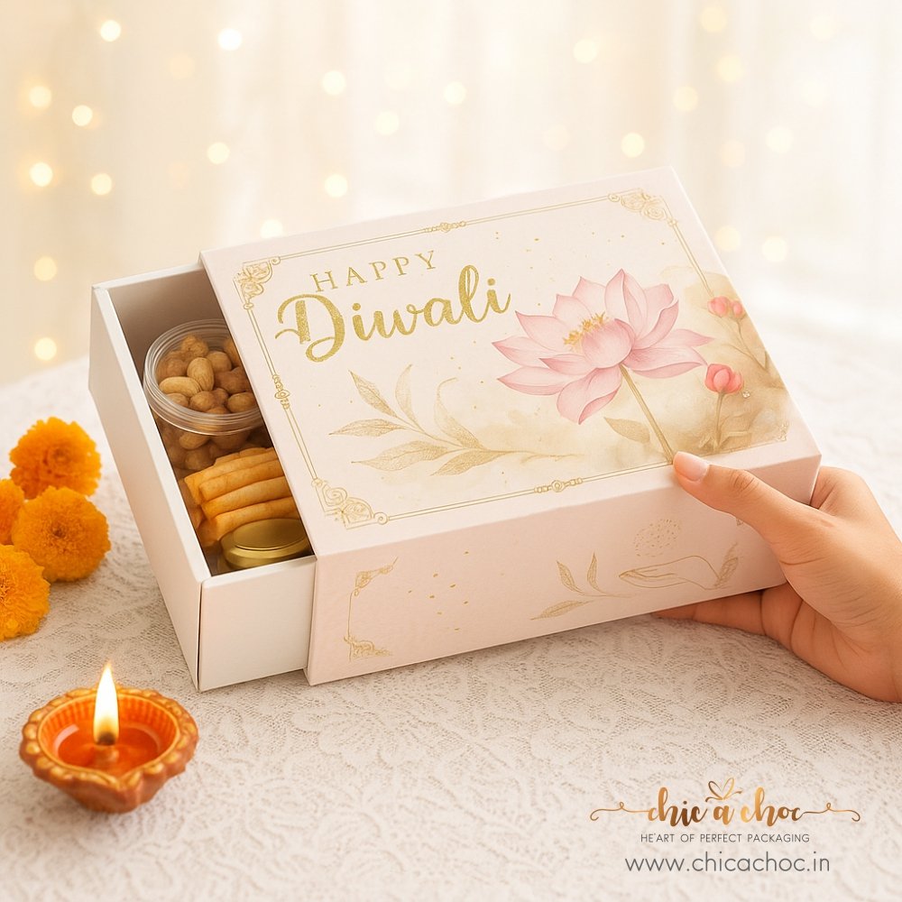 Diwali Gift Packaging Box - LARGE - Lotus Watercolor. (Pack of 5). Hamper Box / 4-6 Jars Box / Cake Box. - Image 11