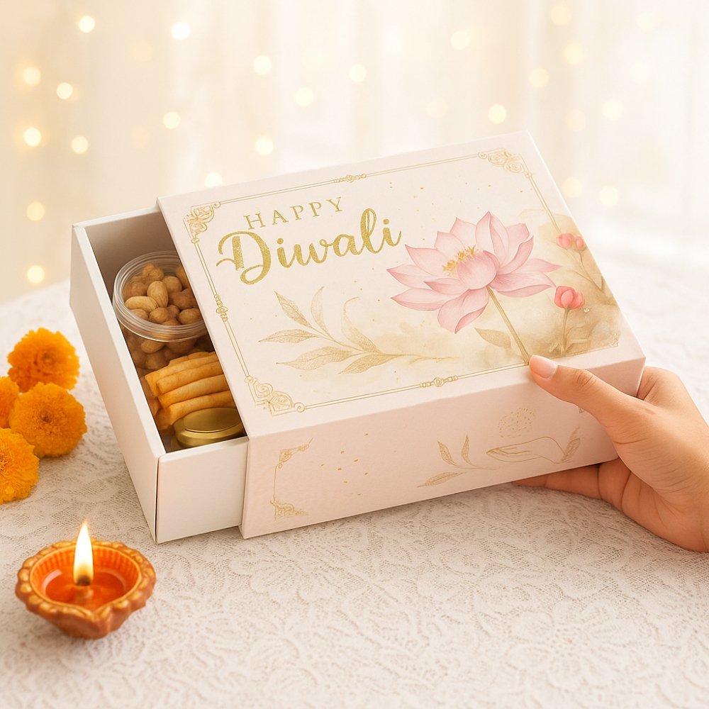 Diwali Gift Packaging Box - LARGE - Lotus Watercolor. (Pack of 5). Hamper Box / 4-6 Jars Box / Cake Box. - Image 12