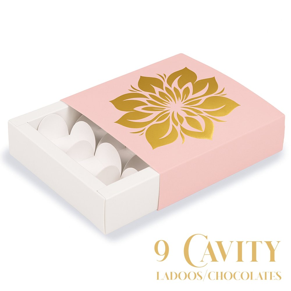Ladoo / Chocolate Box of 9 Cavity - PINK with GOLD FOIL LOTUS - Image 5