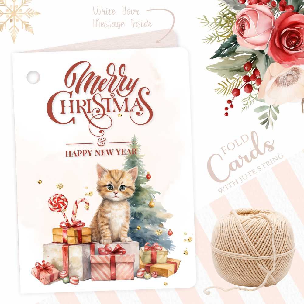 Merry Christmas and Happy New Year - Vintage Cat and Tree - Fold Card Gift Tags