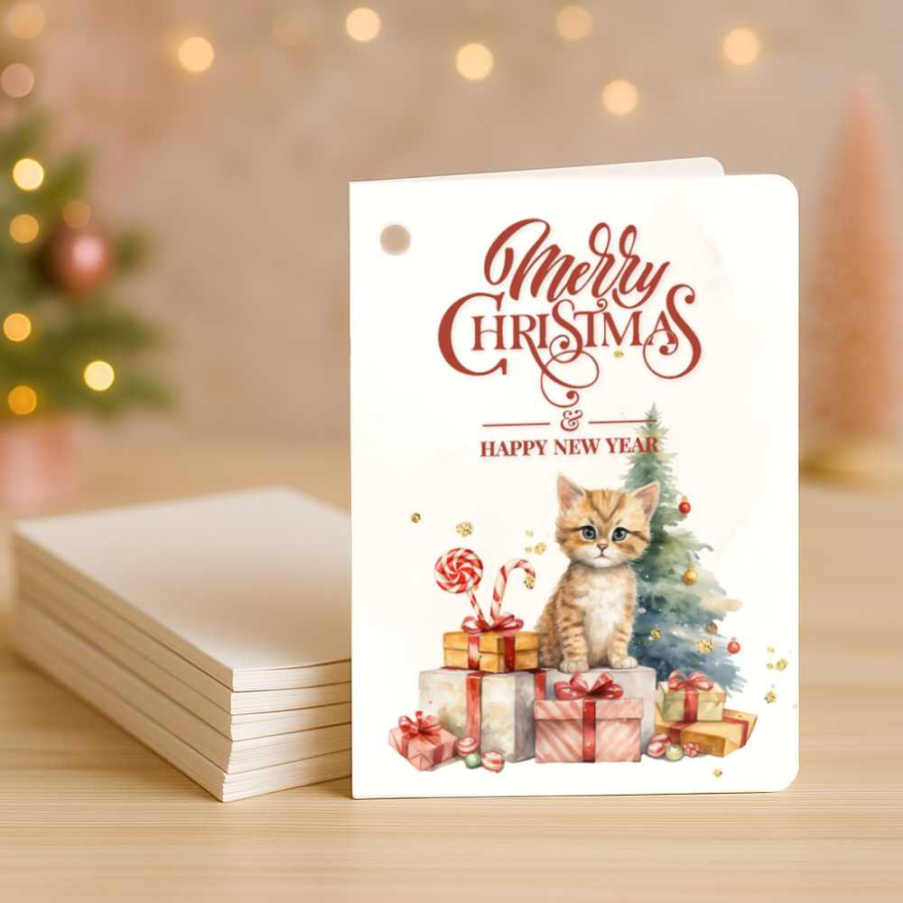Merry Christmas and Happy New Year - Vintage Cat and Tree - Fold Card Gift Tags - Image 2