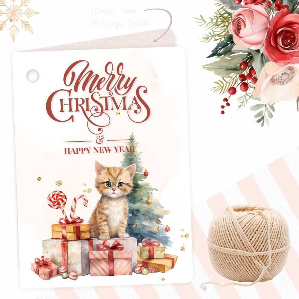 Merry Christmas and Happy New Year - Vintage Cat and Tree - Fold Card Gift Tags - Image 5