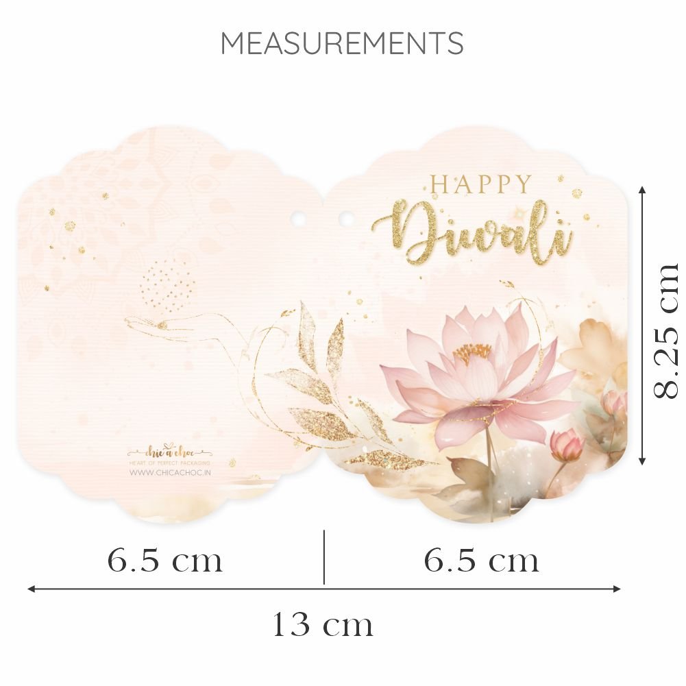 Happy Diwali Greeting Card Fold Tags - Satin Ribbon - Lotus Beige - Pack of 40 - Image 4