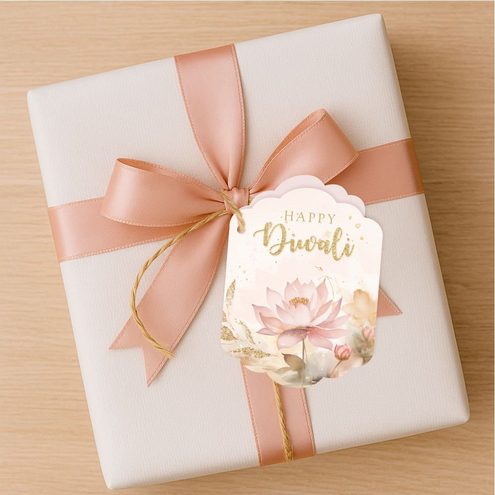 Happy Diwali Greeting Card Fold Tags - Satin Ribbon - Lotus Beige - Pack of 40 - Image 2