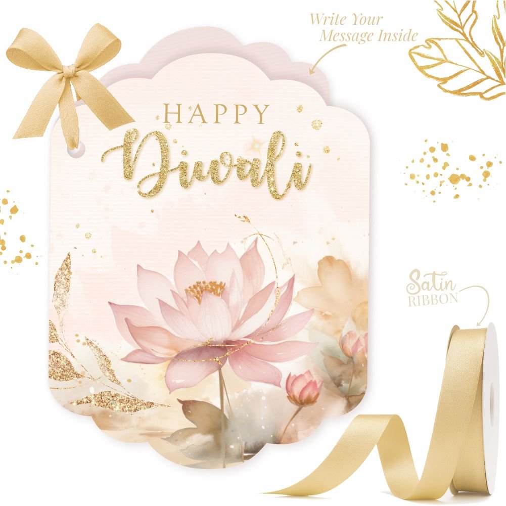 Happy Diwali Greeting Card Fold Tags - Satin Ribbon - Lotus Beige - Pack of 40