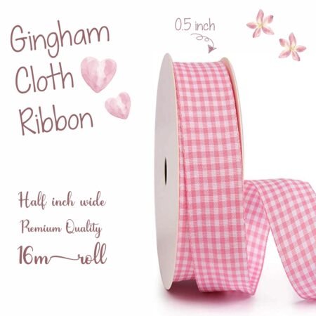Pink Gingham Check Cloth Ribbon - 0.5 inch, 16 metres