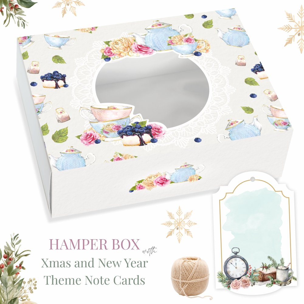 Christmas Tea Party Gift Hamper Box / 4-6 Jars, Loaf, Candles- With Matching Note Cards (Pack of 5)