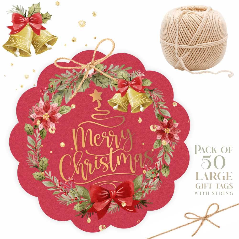 Merry Christmas - Watercolor Wreath - Round Gift Tags - Pack of 50