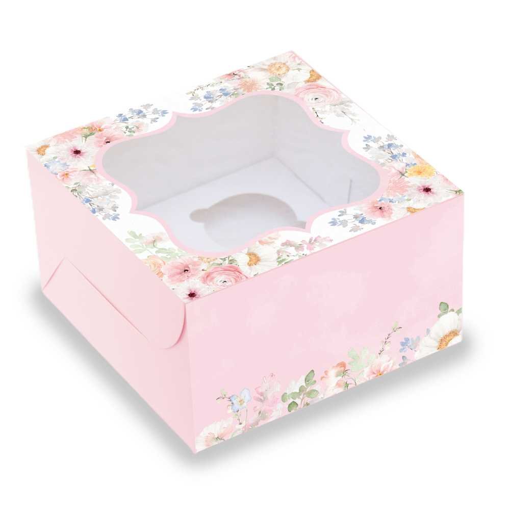 CUPCAKE BOX FOR 4 - TALL- 7x7x4 Inch - Peachy Pink Floral (Pack of 8)