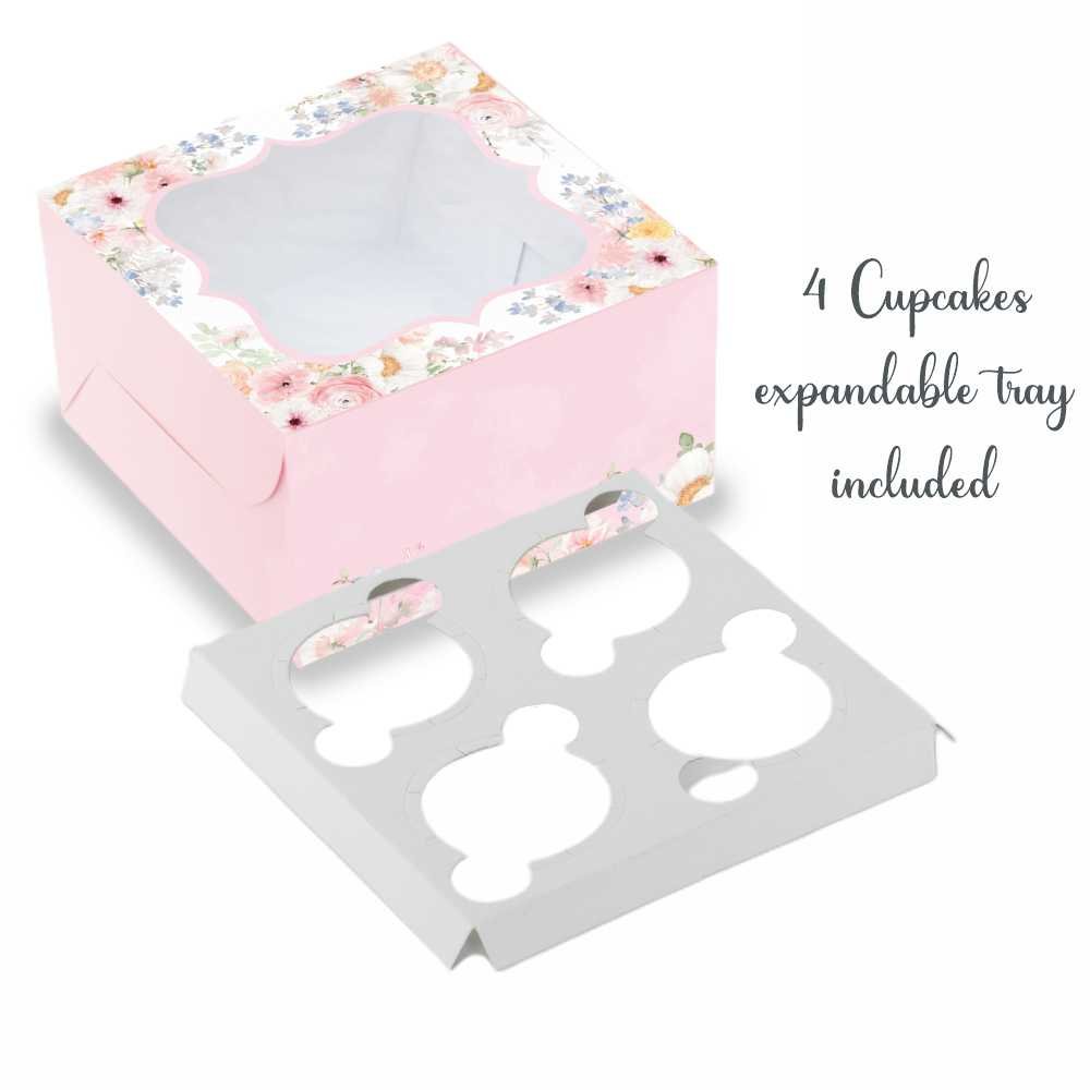 CUPCAKE BOX FOR 4 - TALL- 7x7x4 Inch - Peachy Pink Floral (Pack of 8) - Image 3