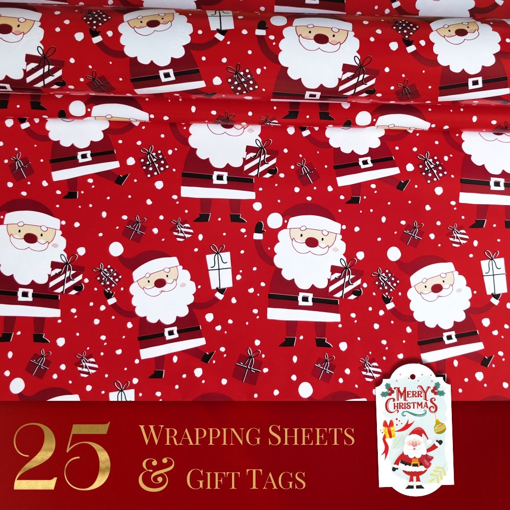 Christmas - Santa Claus - Red - 25 Wrapping Paper Sheets and Tags
