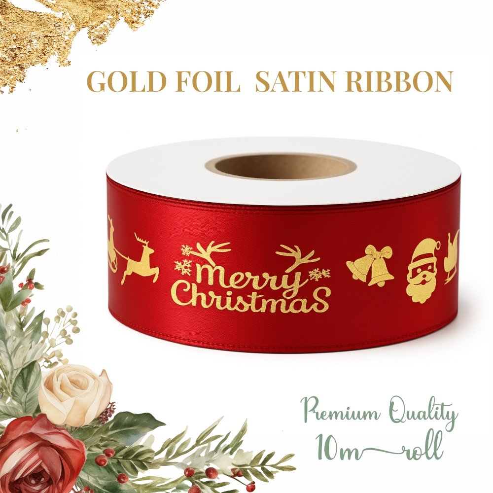 Merry Christmas Gold Foil Satin Ribbon - Red - 1 Inch, 10 metres