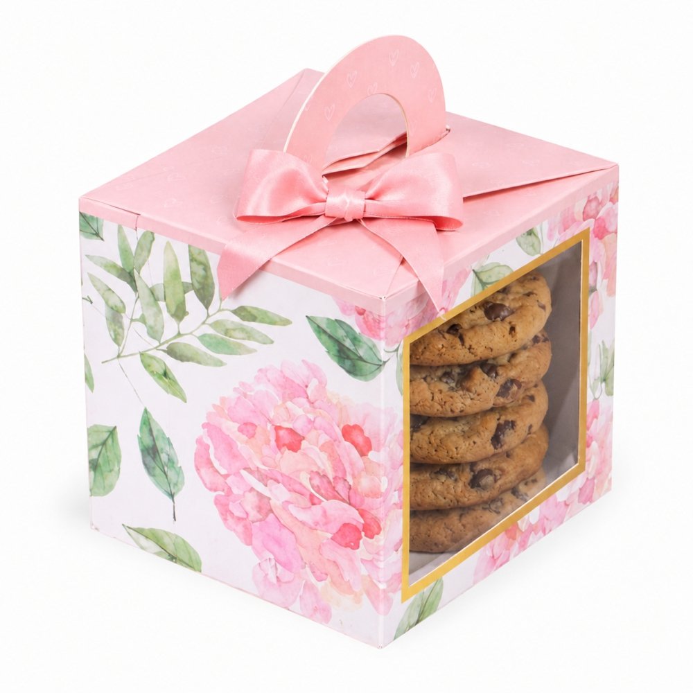 COOKIE BOX FOR 5 - PINK FLORAL - Dual Window (Pack of 8)
