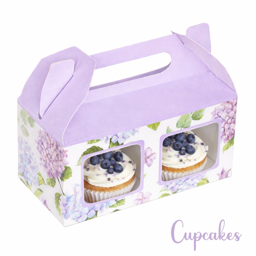 CUPCAKE BOX FOR 2 - LILAC FLORAL HYDRANGEA - PACK OF 8