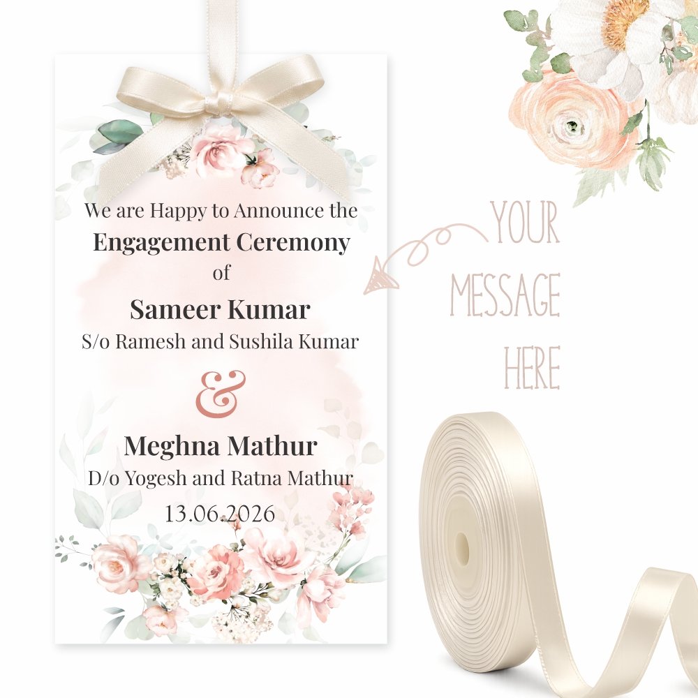 Customized Occasion Tags (Peach Floral) 9.5x5.5 cm- Pack of 90 with Satin Ribbon