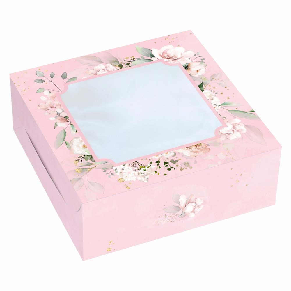 FRUIT CAKE / 9 BROWNIE BOX - 8x8x3 Inches - Desert Pink Floral (Pack of 8)
