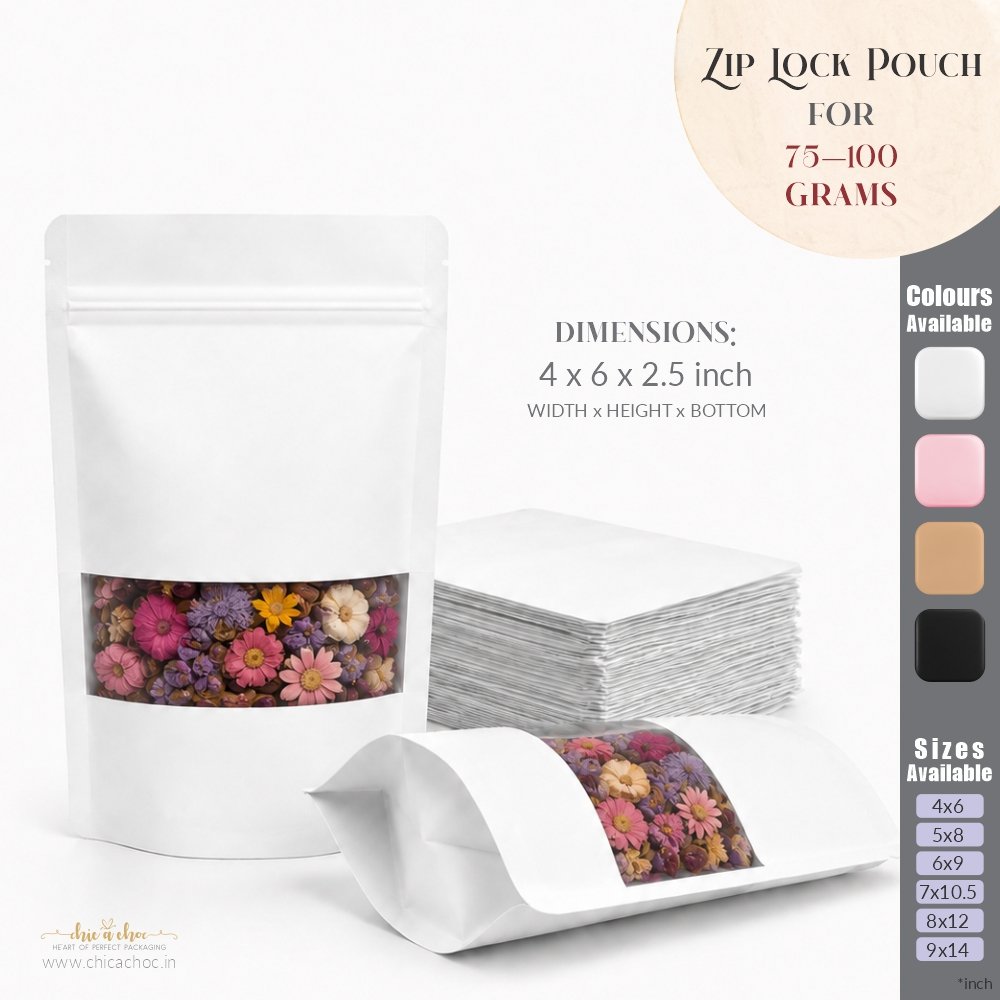 Zip Lock Pouch for 100 grams - White - 4x6 inch (Pack of 20)