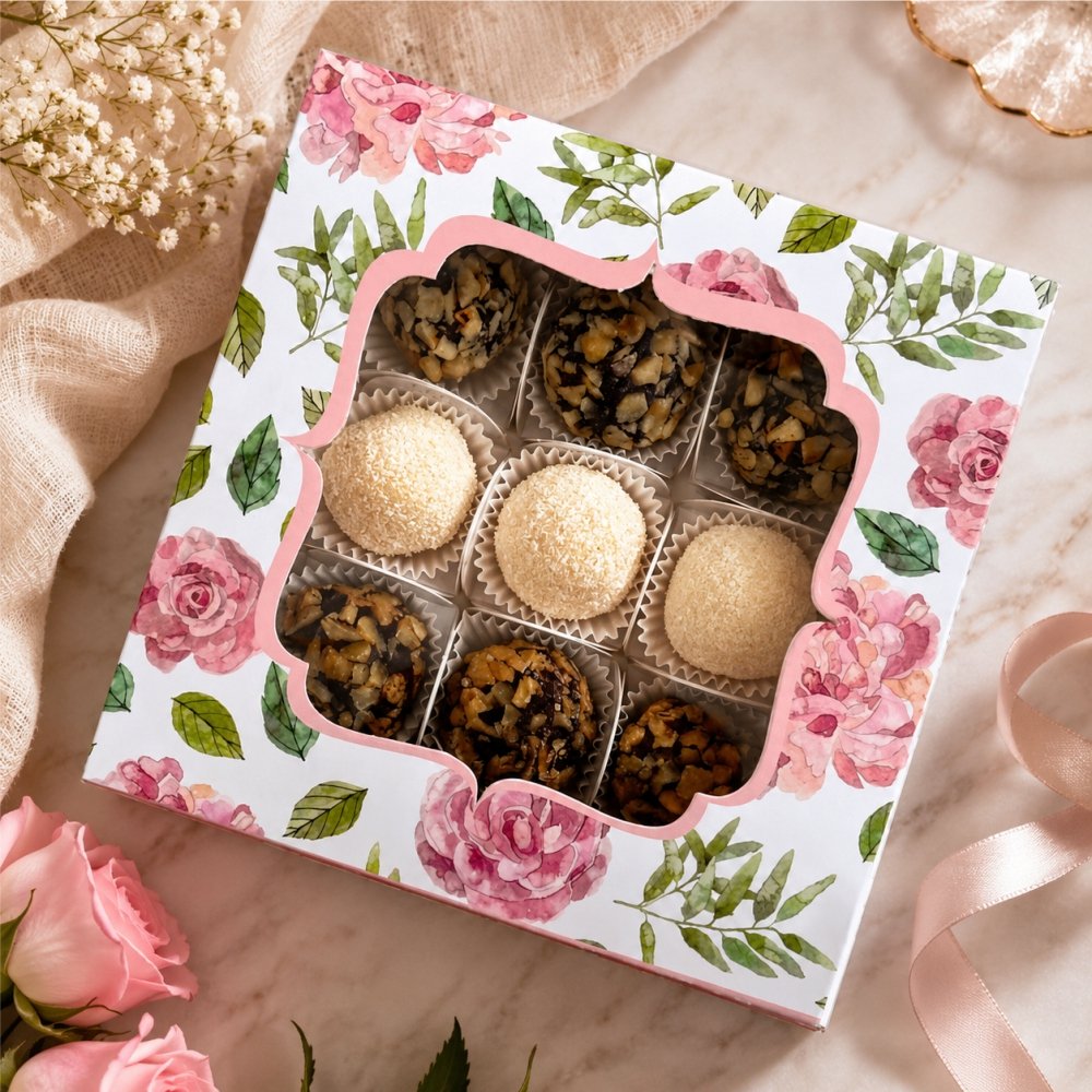 Chocolate / Truffles / Mithai Box with 9 Casings - Pink Floral (Pack of 8)