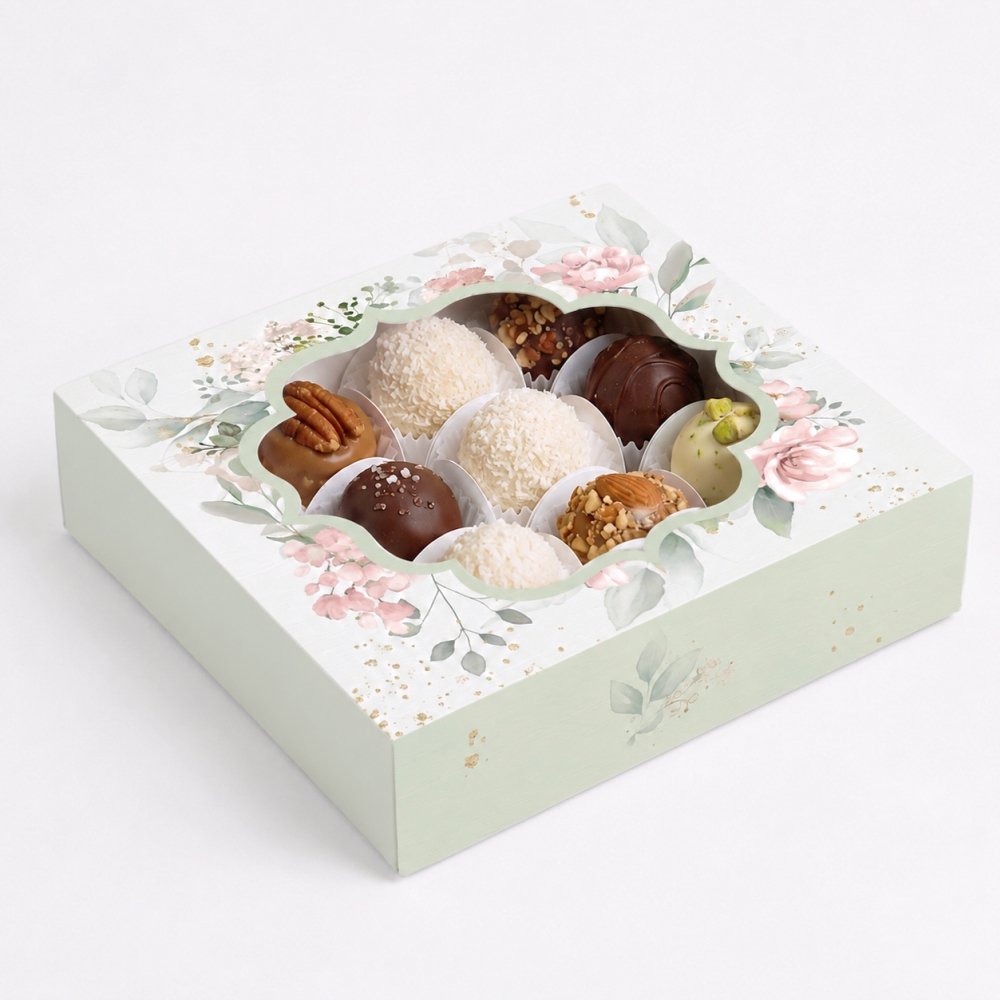 Chocolate / Truffles / Ladoo Box with 9 Casings - Green Floral