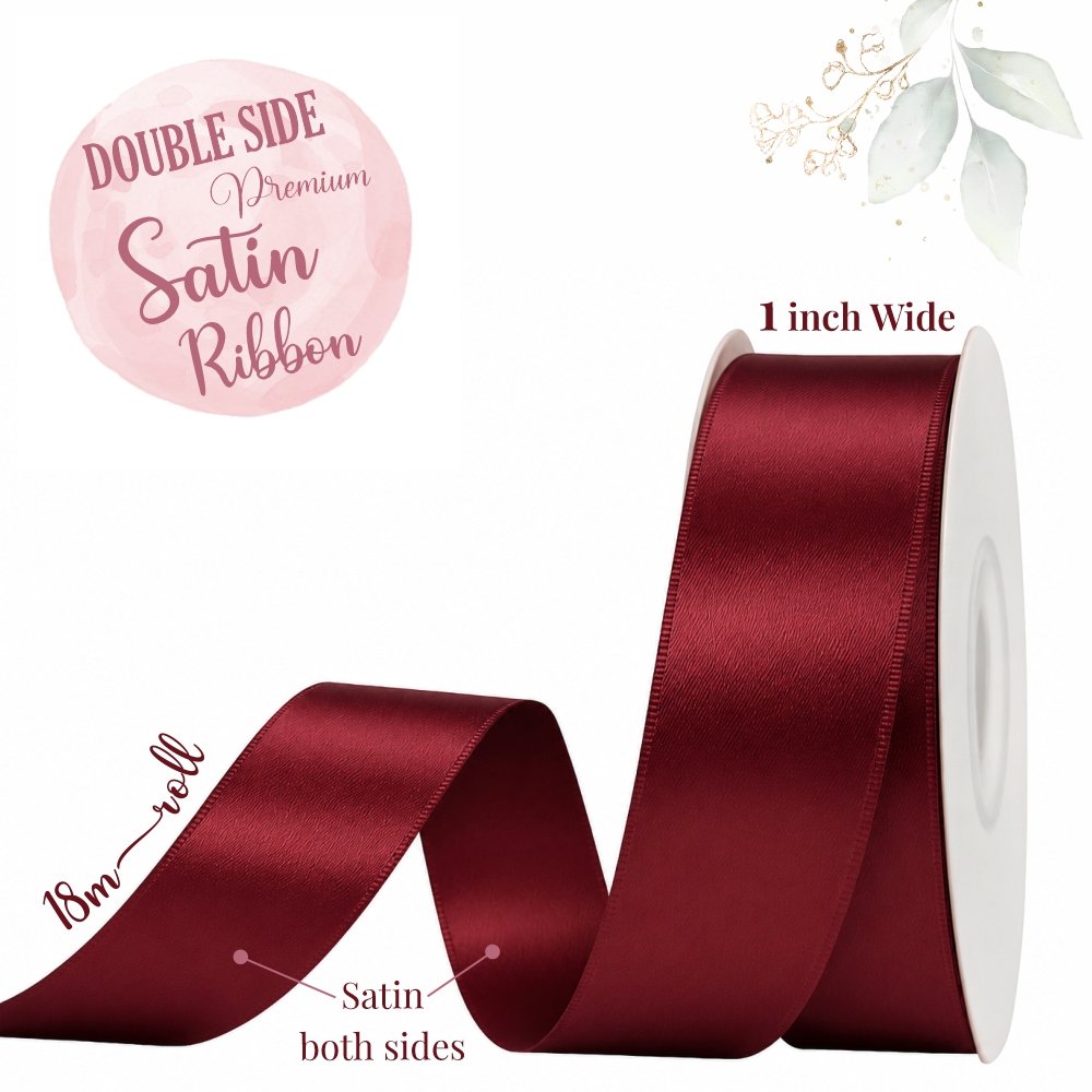 Double Side Satin Ribbon - Plum Red - 1 Inch, 18 metres