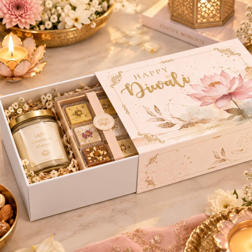 Diwali Gift Packaging Box - LARGE - Lotus Watercolor. (Pack of 5). Hamper Box / 4-6 Jars Box / Cake Box. - Image 2