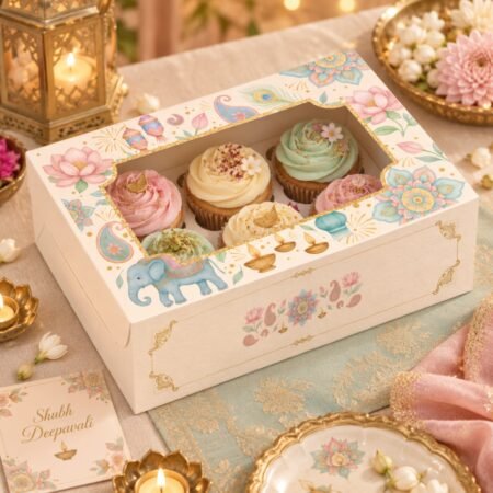 Cupcake Box for 6 - Happy Diwali Pastels- 6.25x9.25x3.25 Inch (Pack of 8)